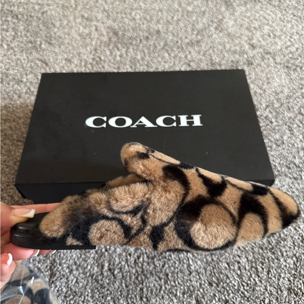 Coach Furry Shearling Slippers in Brown and Black - Picture 3 of 6